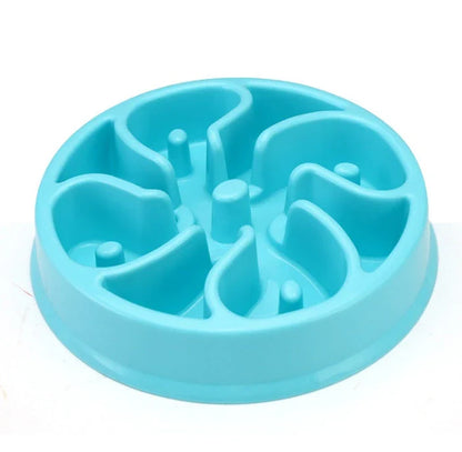 Anti-choke plastic dog bowl in pink, blue, green, and yellow
