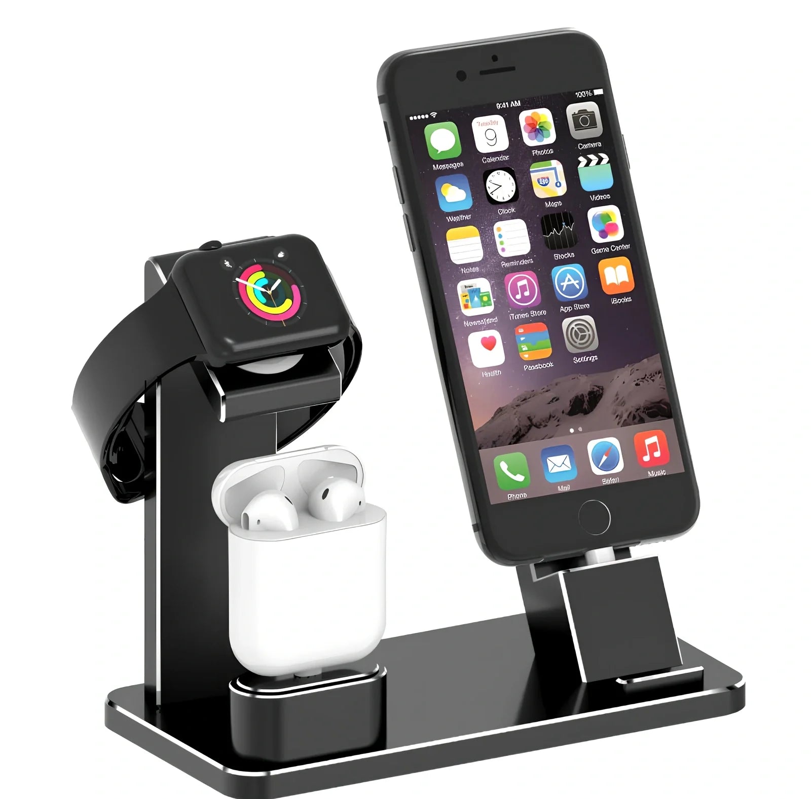 4-in-1 AirPods charging dock with wireless charging pad, Apple Watch charger, and USB port