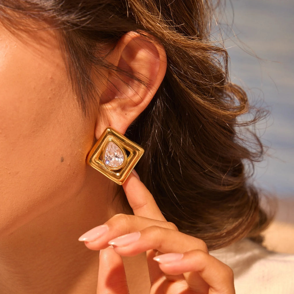 Gold geometric stud earrings with water drop zircon inlay on stainless steel