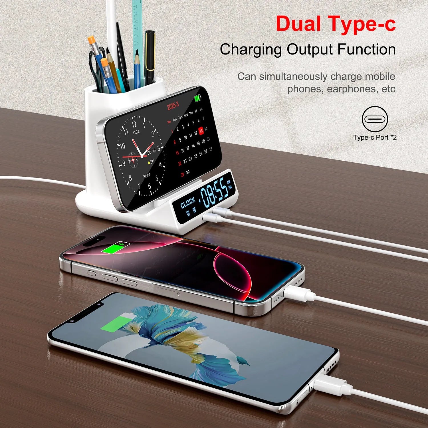 Modern desk lamp with integrated wireless charging pad and storage box for pens.