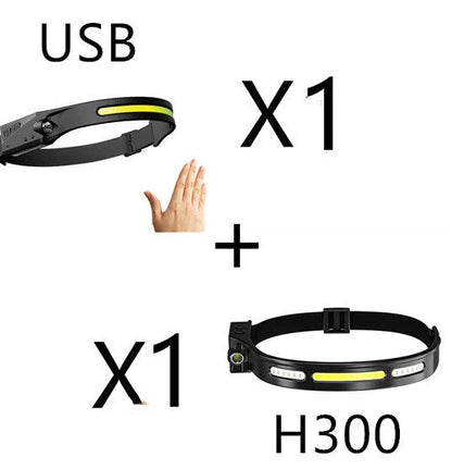 COB LED Induction Riding Headlamp Flashlight with USB rechargeable and waterproof features for outdoor activities