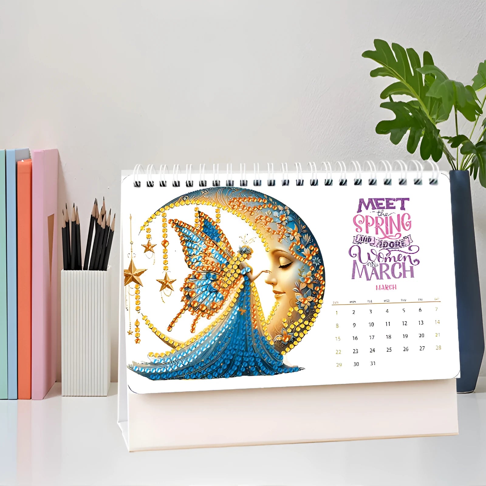 Cartoon desk calendar with stick-on crystals diamond painting on white card, frameless design, style options TL001-TL004
