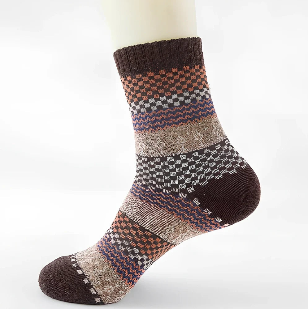 Pack of 5 thick stripe wool blend socks in various colours, featuring 15% rabbit hair for winter warmth, fitting sizes 39-42