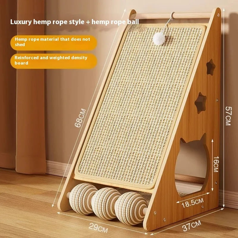 Vertical wall-mounted cat scratch board with sisal surface and a hemp rope teasing ball.
