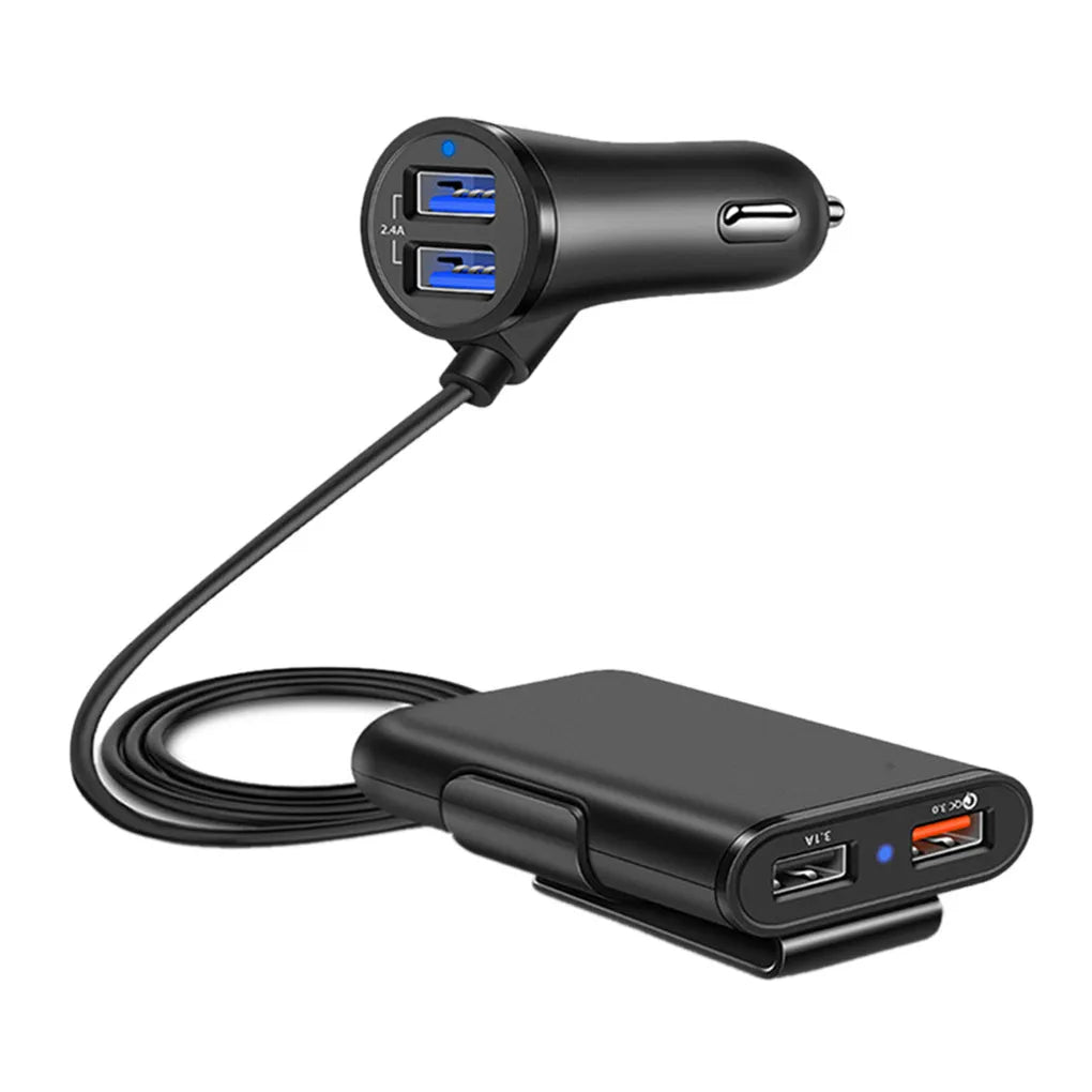 Black 36W fast charge car charger with QC3.0 and dual USB-A ports, blue LED light indicator