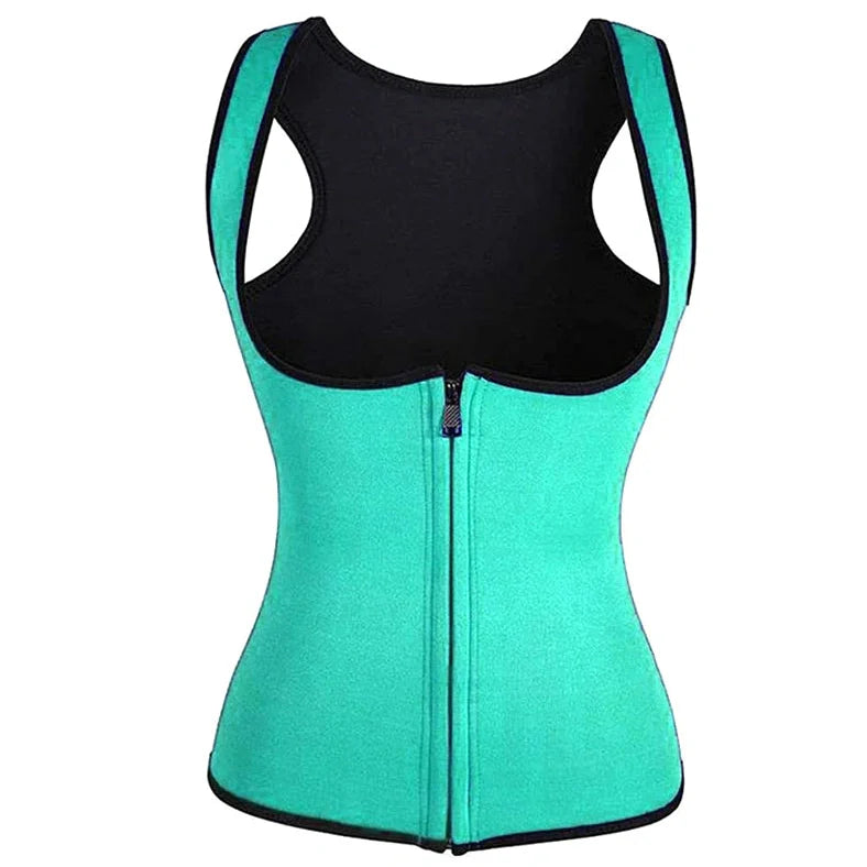 Ladies neoprene court corset with zipper closure in blue colour showing U-neck and waist-length design
