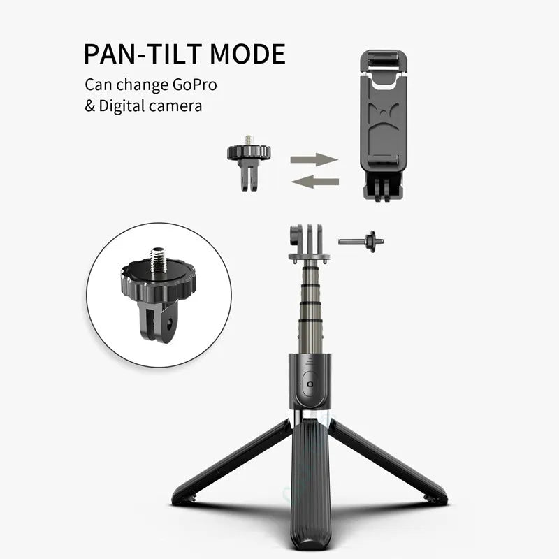 Black and white Apple-compatible tripod selfie stick with extendable shaft