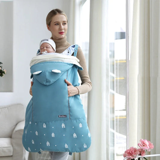 Adjustable warm baby carrier cloak in coral fleece with reflective tape