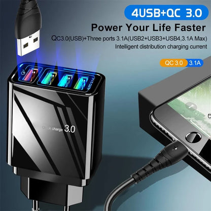 Illuminated 4USB Mobile Phone Charger with fast charging capability, available in black and white