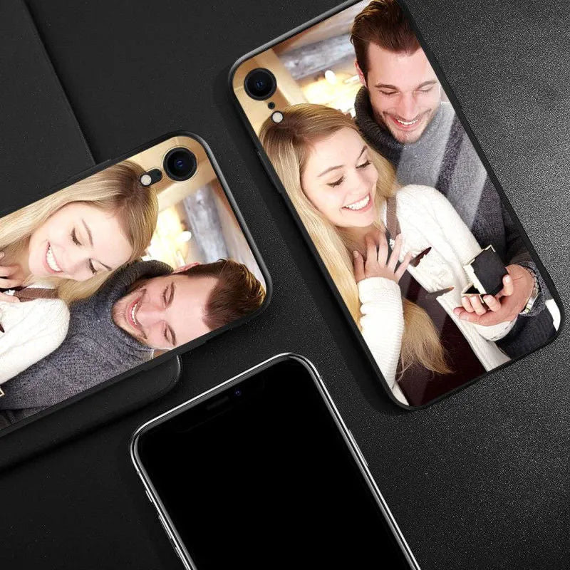 Custom patterned ultra-thin iPhone case with raised bumper edge, shown fitted on an iPhone.
