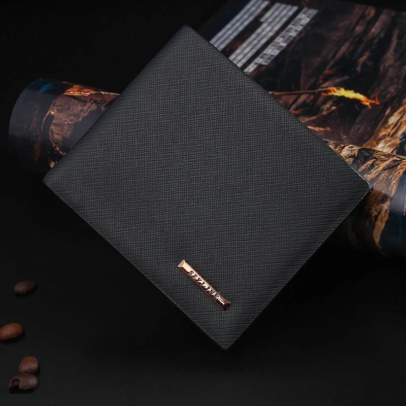 New men's hard leather wallet with toothpick effect, card slot and bill slot in black horizontal orientation