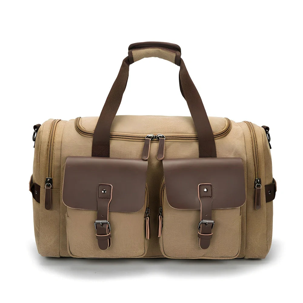 Medium canvas travel bag in black, 53x31x24cm with zipper top, double padded straps, waterproof canvas for 20-35L storage