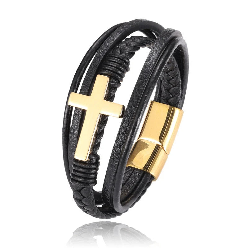 Multi-layer braided stainless steel cross men's bracelet in various finishes