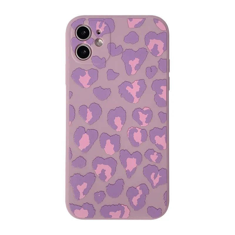Frosted silicone phone case with purple leopard print and geometric design for Apple iPhone