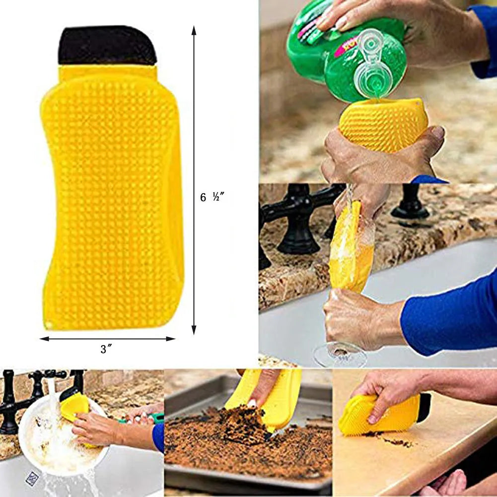 3-in-1 silicone sponge scrubber with built-in soap dispenser, nylon scraper, and squeegee on kitchen counter