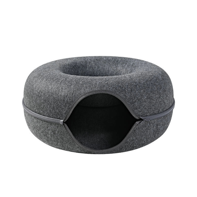 Round woolen felt cat nest with tunnel for interactive play, available in multiple colors and sizes