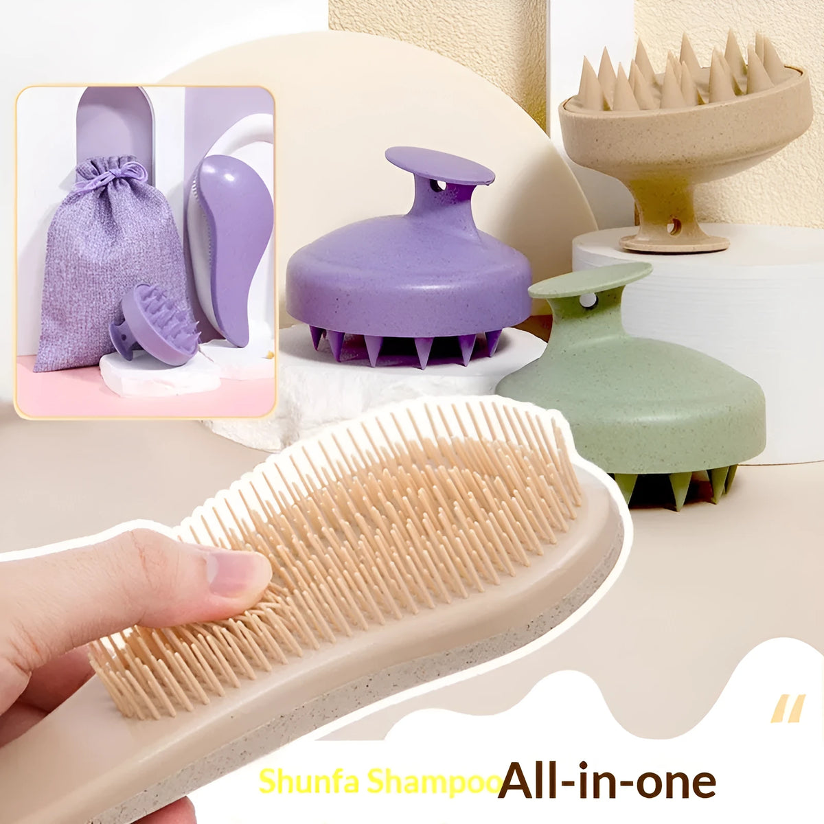 Multi-functional shower head massage and cleaning brush in wheat straw, 10-15 cm, beige colour, on plain background