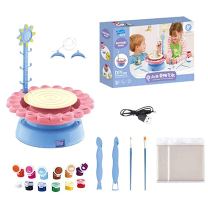 Electric Pottery Drawing Machine DIY Set for kids with clay, paints, and tools