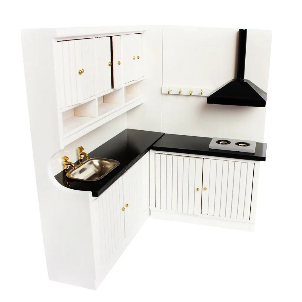 White European-style dollhouse kitchen cabinets with working doors and round metal handles