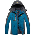 Men's harsh winter jacket in red with fleece lining, fur collar, and waterproof polyester shell