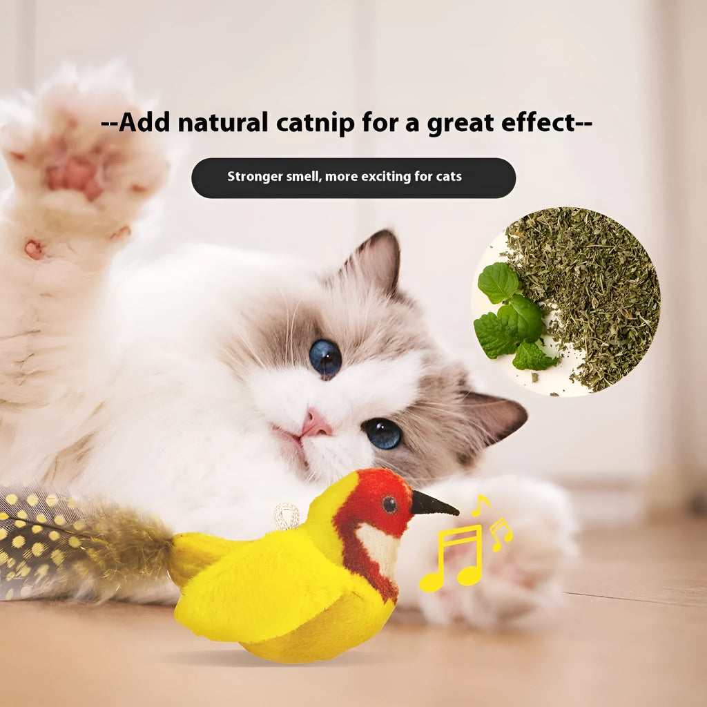Bird simulation cat plush toy showing colourful bird design with soft plush material for feline enrichment