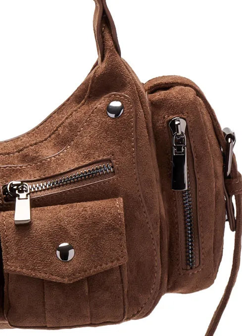 Simple Retro suede women's handbag in dark brown, square shape, zip closure, shoulder strap