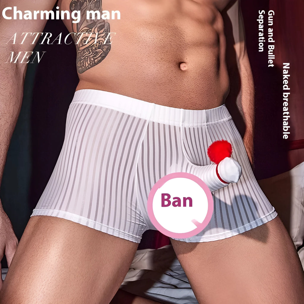 Men's black striped nylon boxer briefs laid flat, showing high elastic waistband and leg bands.