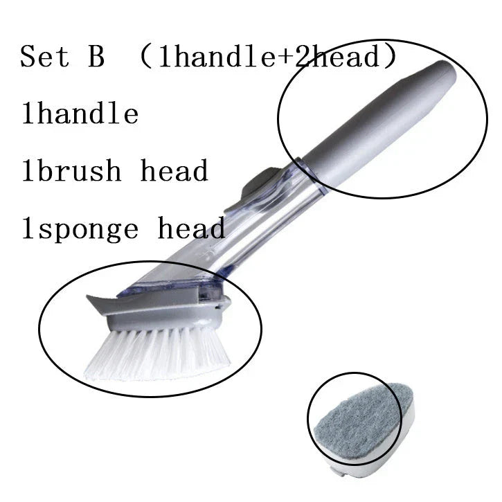 Versatile long-handled kitchen cleaning brush with removable brush and sponge heads