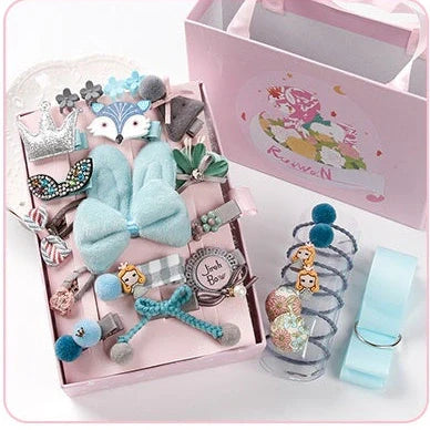 24-piece children's hair clip set with cartoon animal designs including blue fox and pink elephant