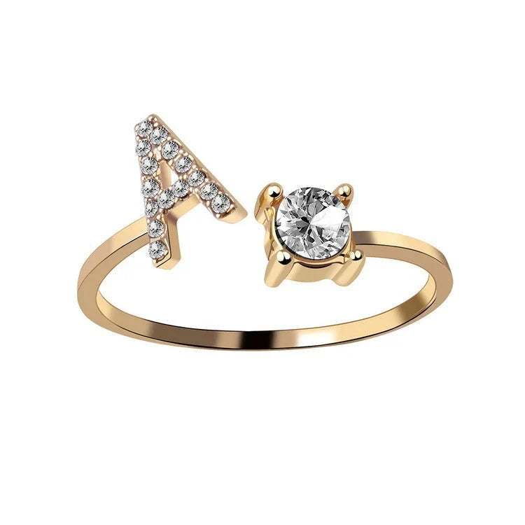 Elegant 26-letter adjustable initial ring in gold, silver, and rose gold finishes