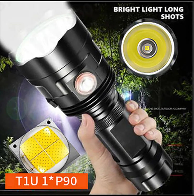 Black aluminium XHP90 LED tactical flashlight showing scale next to USB cable and yellow packaging box.