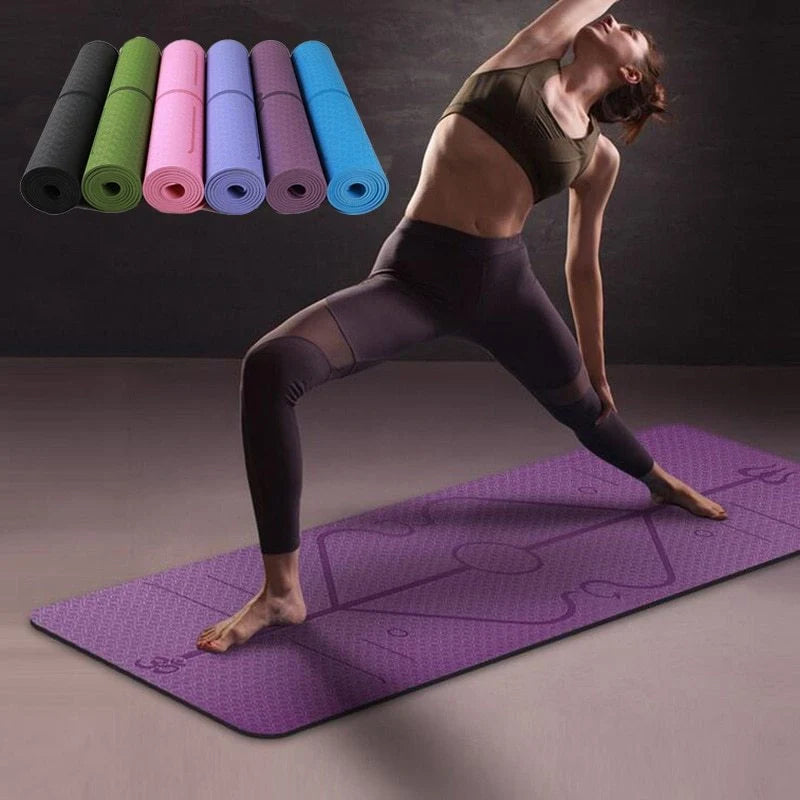 Non-slip TPE yoga mat with position lines for beginners, eco-friendly and durable