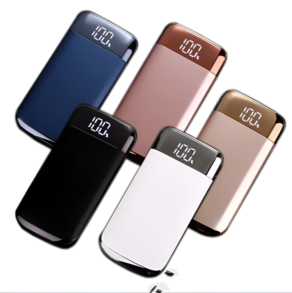 Square aluminium alloy power bank with LCD display showing battery level, with multiple USB ports.