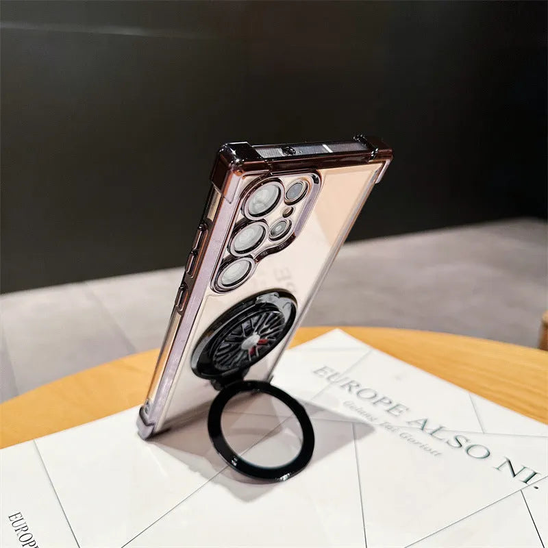 Samsung S23 phone case with electroplated finish, rotating gyro bracket, and magnetic suction in cool black colour