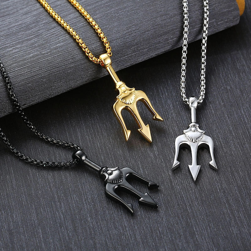 Neptune's Trident Titanium Steel Pendant Necklace in black, silver, and gold options