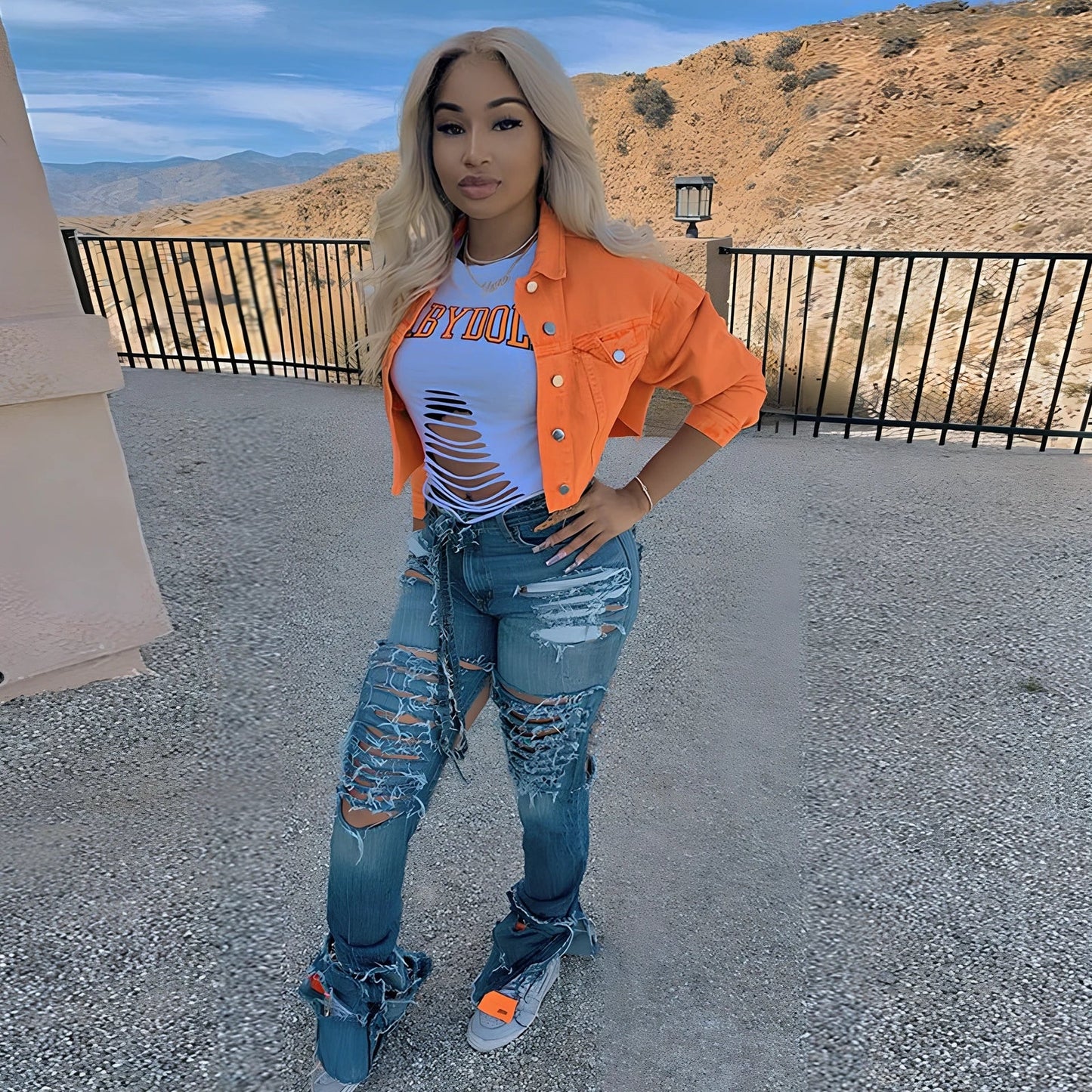 Orange cropped women's denim jacket with lapel collar, long sleeves 46cm, pockets, length 41cm, 0.35kg weight