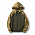 Men hooded sweatshirt with patchwork design in streetwear style, available in black, gray, green, khaki, red, and yellow EU sizes