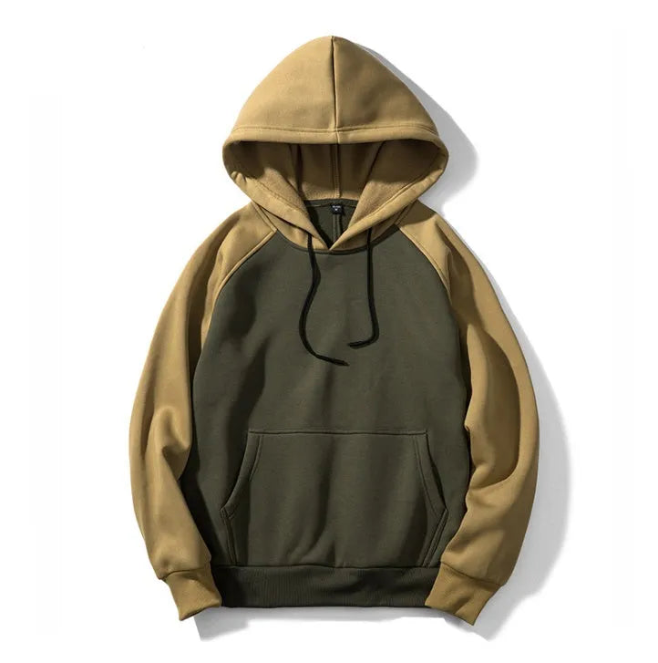 Men hooded sweatshirt with patchwork design in streetwear style, available in black, gray, green, khaki, red, and yellow EU sizes