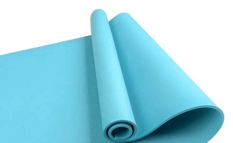 EVA yoga mat in blue showing 6mm thickness and textured anti-skid surface.