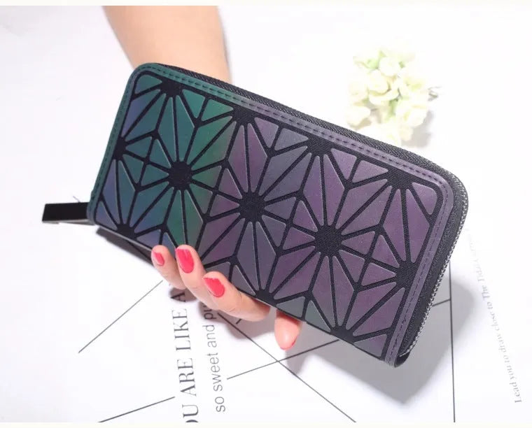 Women's long PU wallet with geometric luminous pattern open showing card slots and coin pocket, 20cmx10cmx2cm