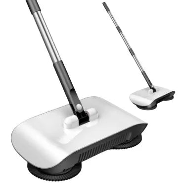 Pink hand push sweeper 3-in-1 with rotating brush on tiled floor