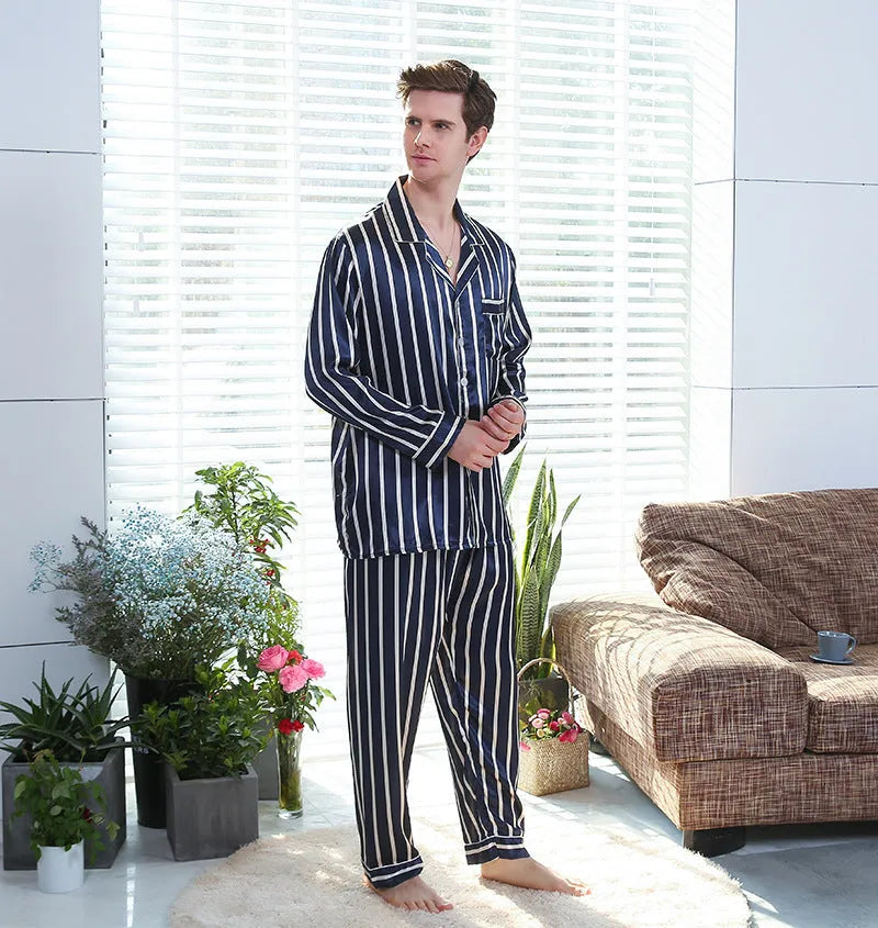 Men's blue stripe simulated silk pyjama suit with polyester fabric, two-piece set on hanger