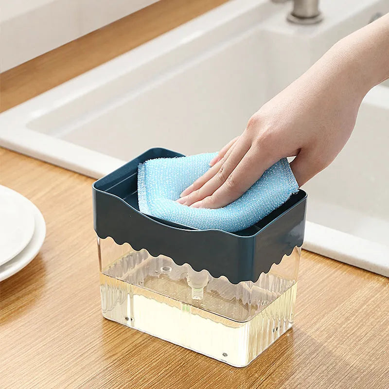 Two-in-one kitchen soap dispenser with sponge in white, blue, and grey colours