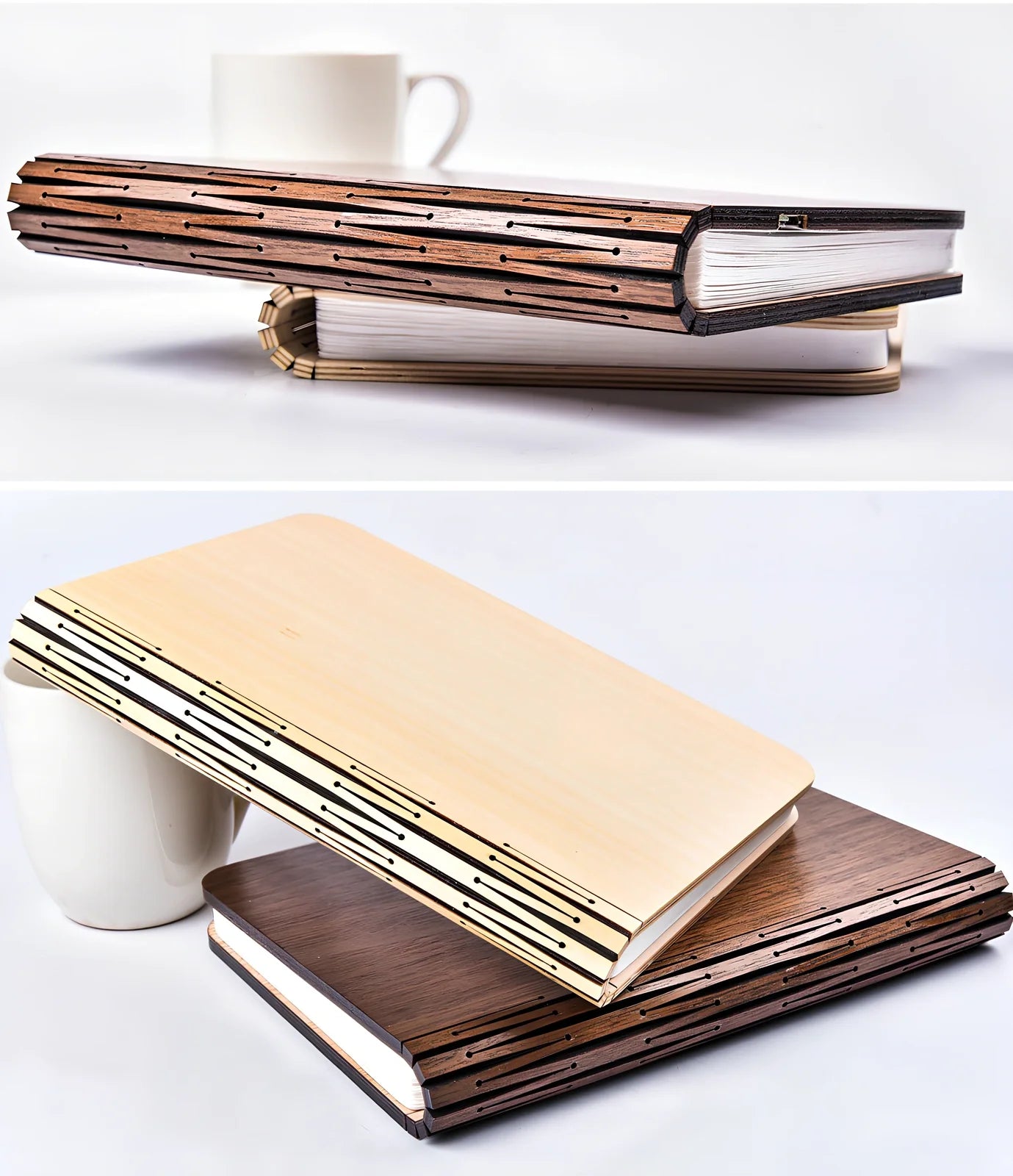 Wooden folding LED book light in walnut finish, open to 360 degrees showing warm white illumination on Tyvek pages, 21.5cm size