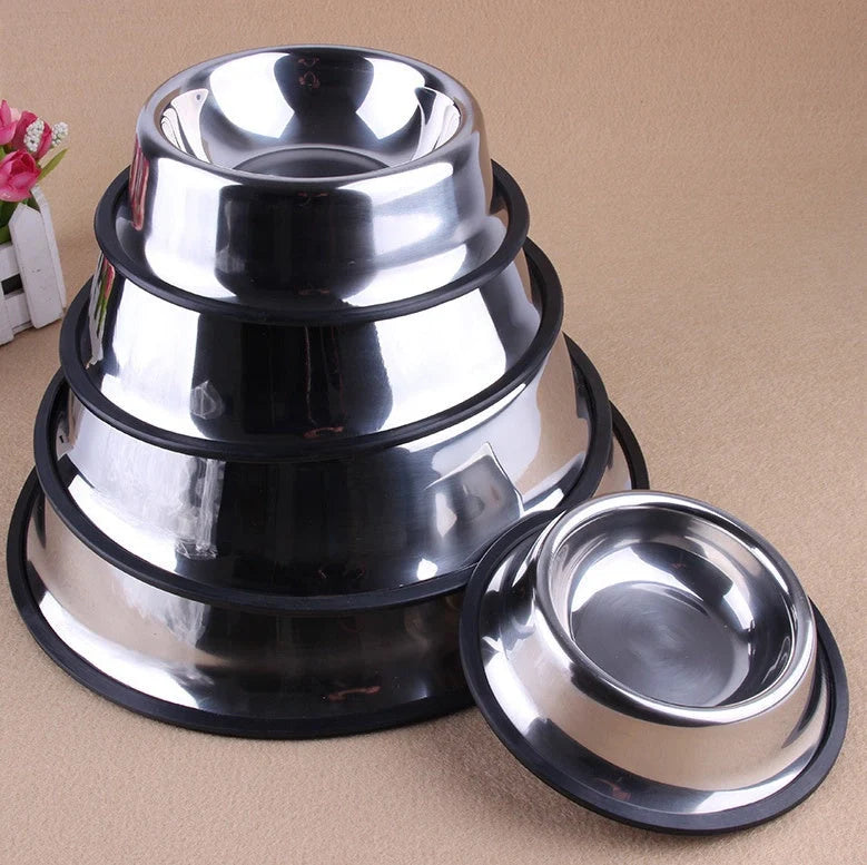 Stainless steel pet bowls with non-slip base, available in multiple sizes