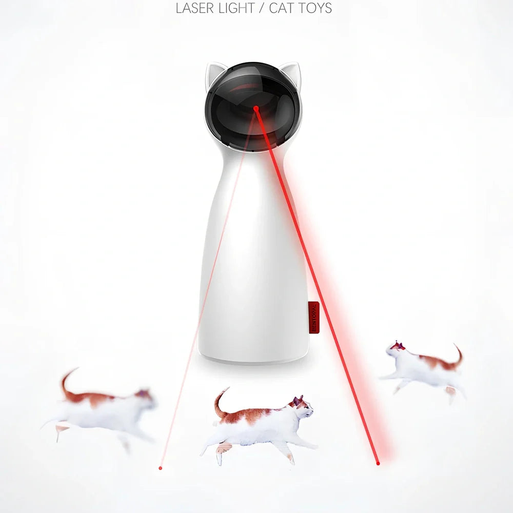 White automatic rotating laser cat toy, 80x80x180mm, with adjustable ranges for pet exercise