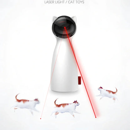 White automatic rotating laser cat toy, 80x80x180mm, with adjustable ranges for pet exercise