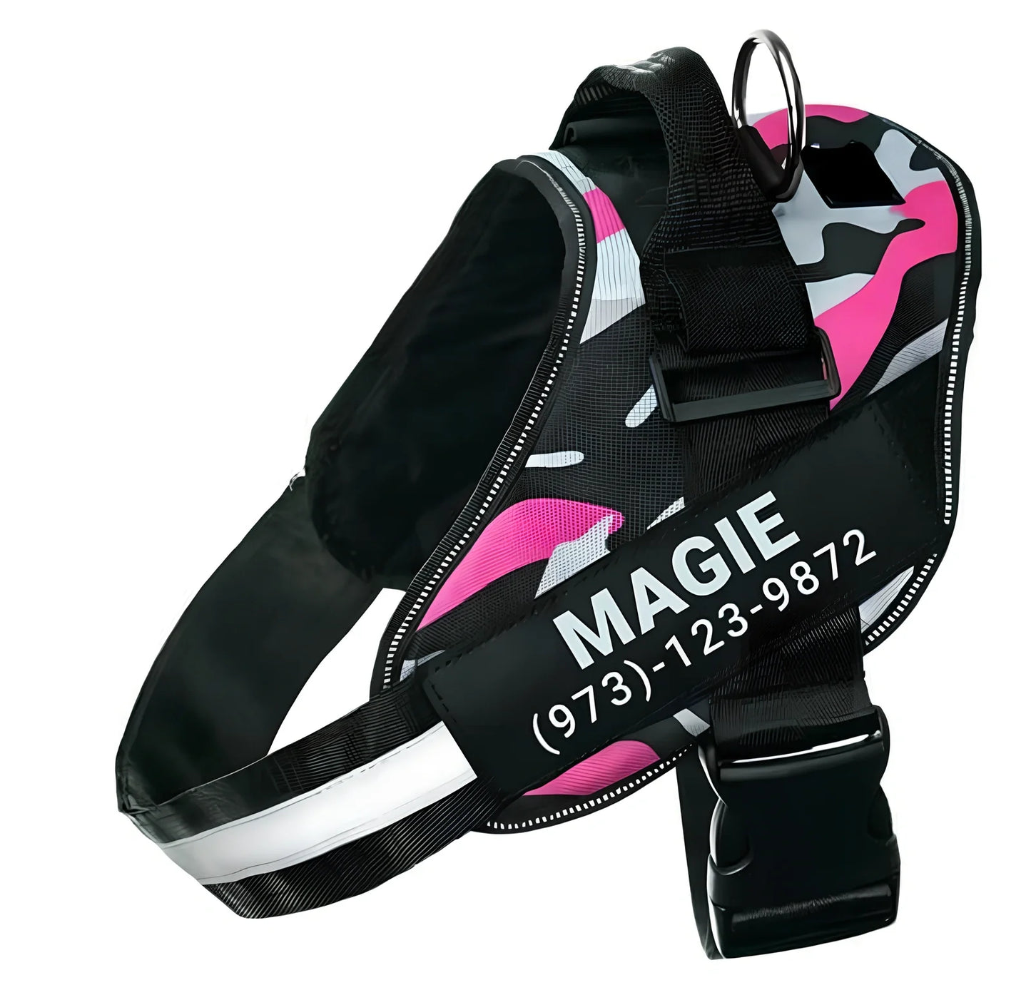 Adjustable reflective dog harness with top handle and metal D-ring for leash attachment