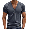 Men's loose thin V-neck button design sports top in chemical fibre blend fabric