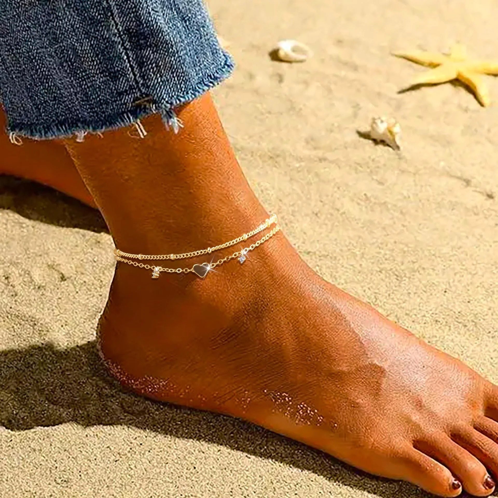 Women's waterproof heart-shaped zircon anklet in gold and silver